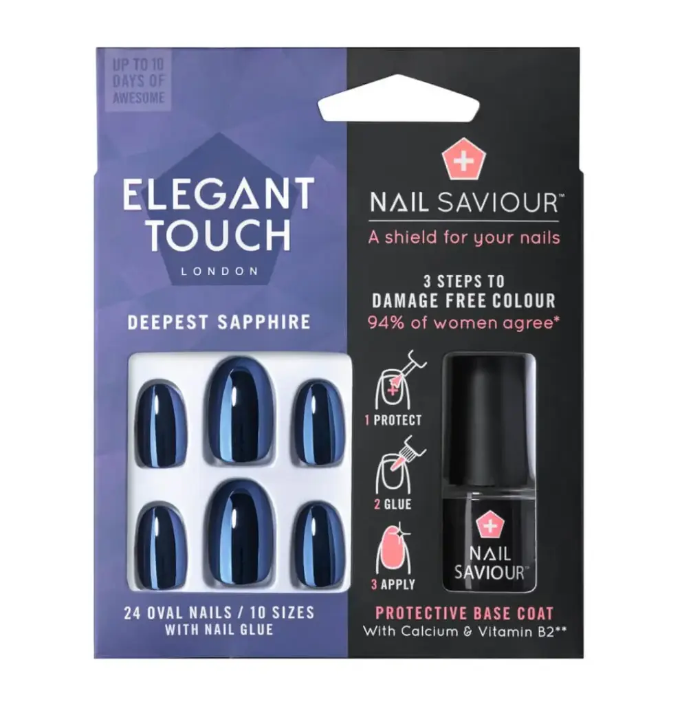 ELEGANT TOUCH - DEEPEST SAPPHIRE 24 OVAL NAILS / 10 SIZES WITH NAIL GLUE + NAIL SAVIOUR A SHIELD FOR YOUR NAILS