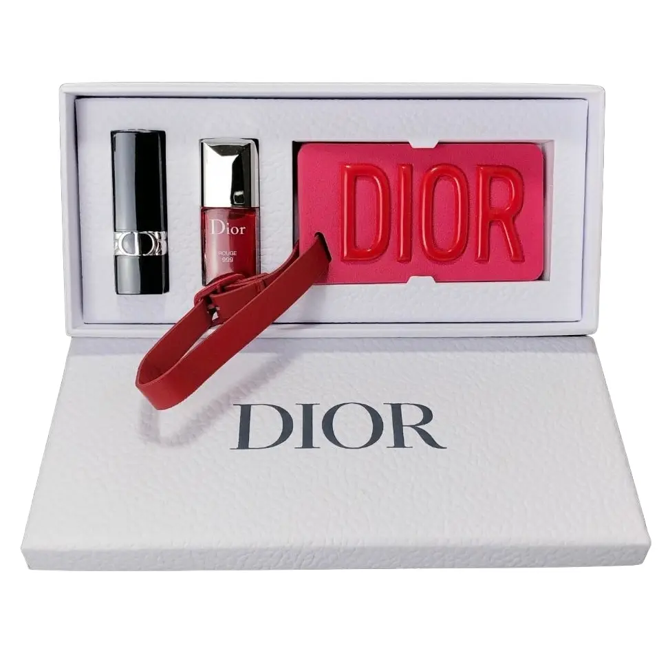 DIOR - LUGGAGE TAG SET + ROUGE DIOR 999 SATIN LIPSTICK + NAIL POLISH 999  