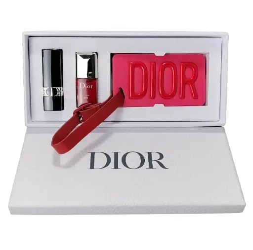 DIOR - LUGGAGE TAG SET + ROUGE DIOR 999 SATIN LIPSTICK + NAIL POLISH 999  